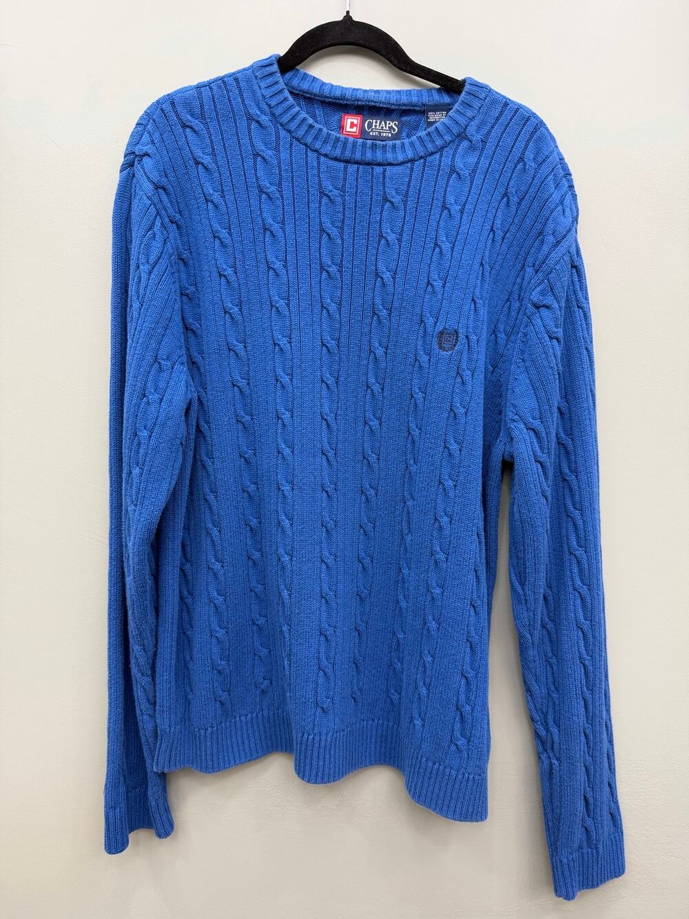 Chaps Cable Knit Sweater XL Blue 100% Cotton Crewneck Classic Preppy